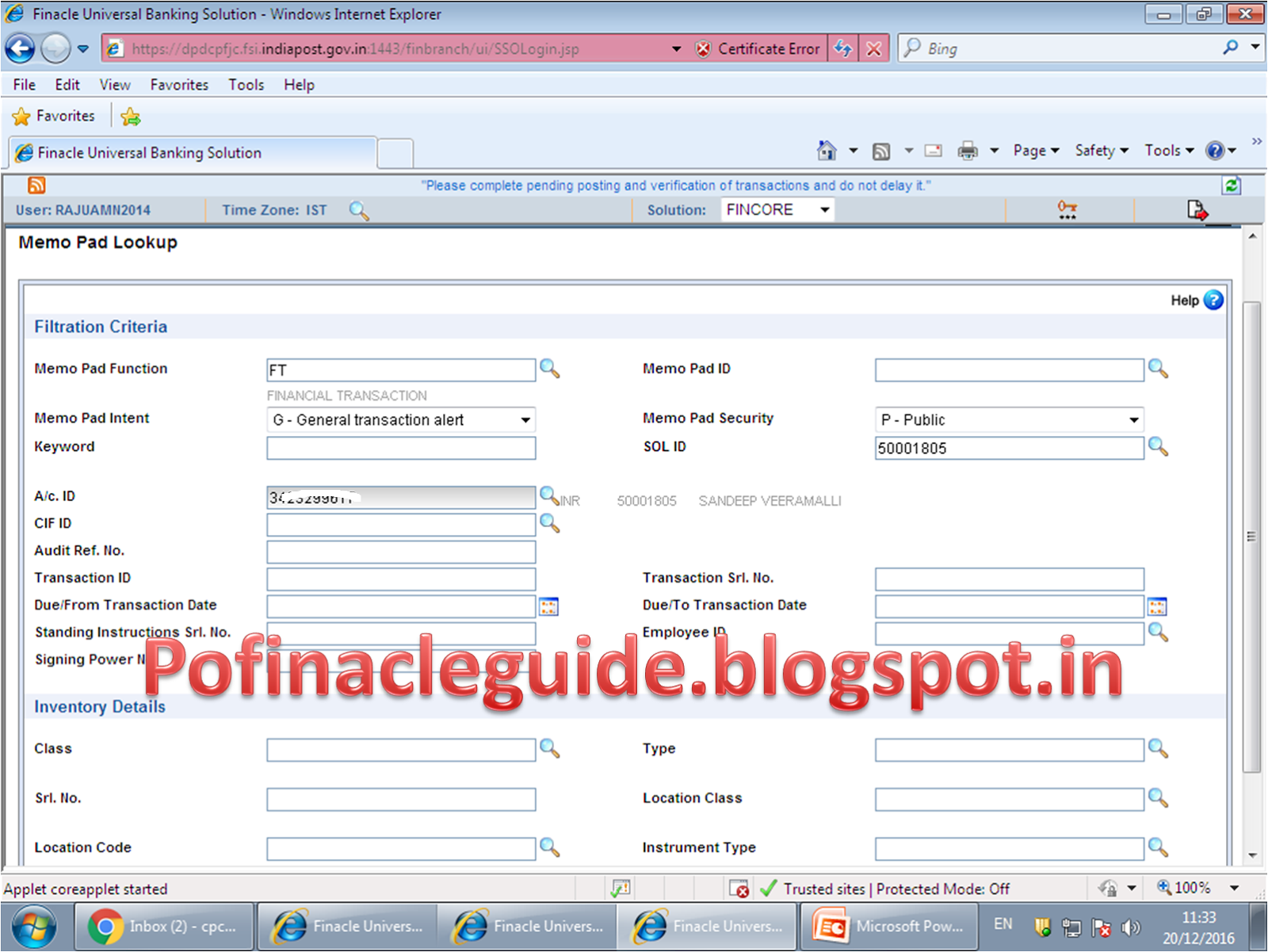 Procedure to create MEMO PAD in DOP Finacle POFINACLEGUIDE
