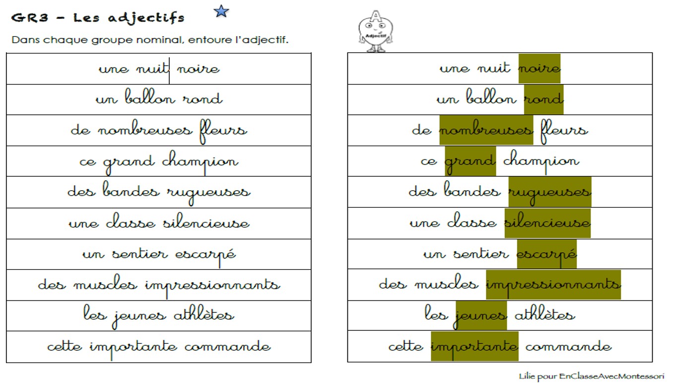 Accord Dans Le Groupe Nominal Cm1 Exercices à Imprimer En classe avec Montessori: [Cycle 3 / grammaire] l'adjectif dans le GN