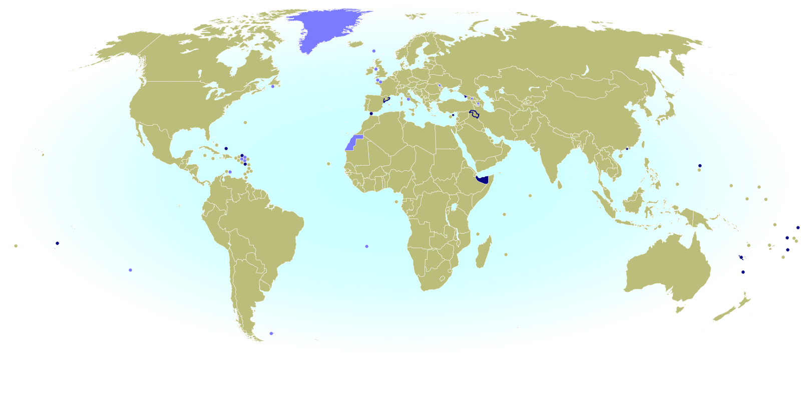 World map marking independent countries (de facto sovereign states) and dependent territories that don't have IOC-recognized National Olympic Committees, and are thus not allowed to send their own teams to the Olympics