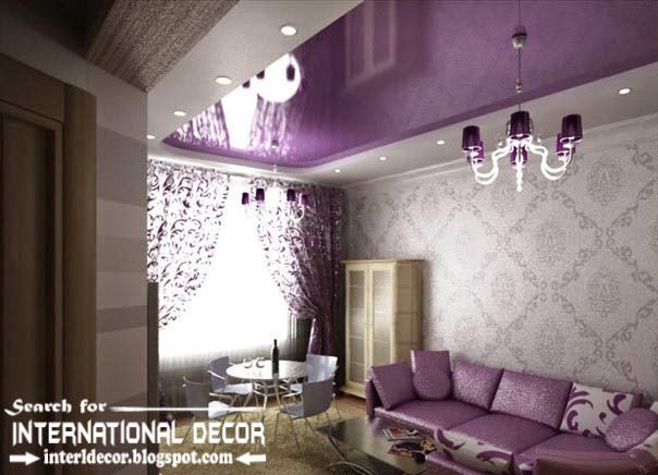 stretch ceilings in the purple interior, purple stretch ceiling with purple chandelier
