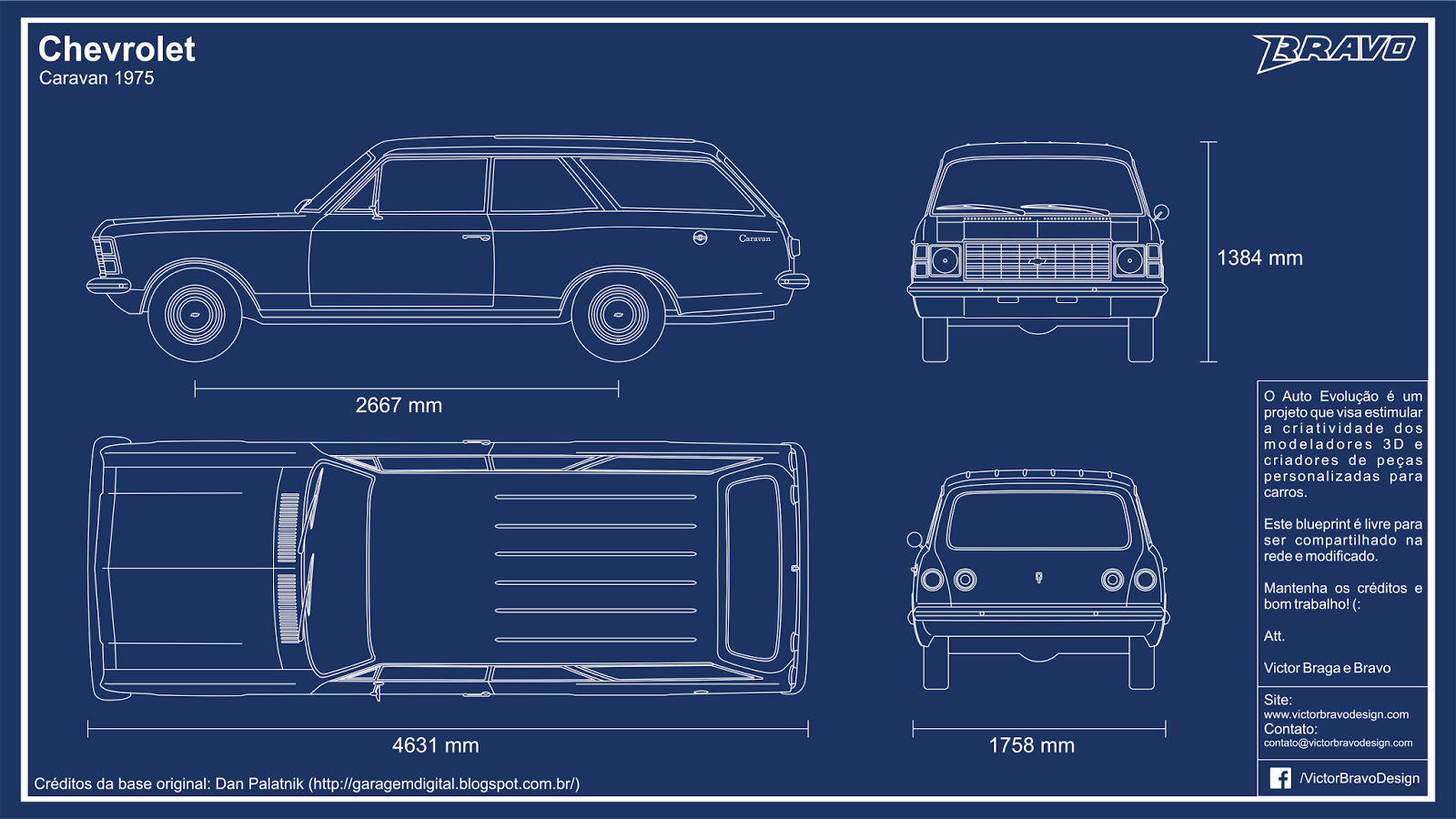 Imagem mostrando o desenho do blueprint Chevrolet Caravan 1975