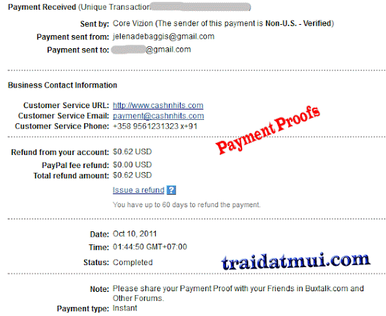 Bằng chứng thanh toán (Payment Proof) Cashnhits.com