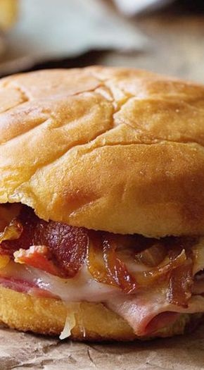 Hot Ham And Cheese Sandwiches With Bacon And Caramelized Onions