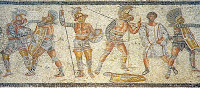 Fuente: By Unknown - Livius.org, Public Domain, https://commons.wikimedia.org/w/index.php?curid=3479030 Mosaico con gladiadores