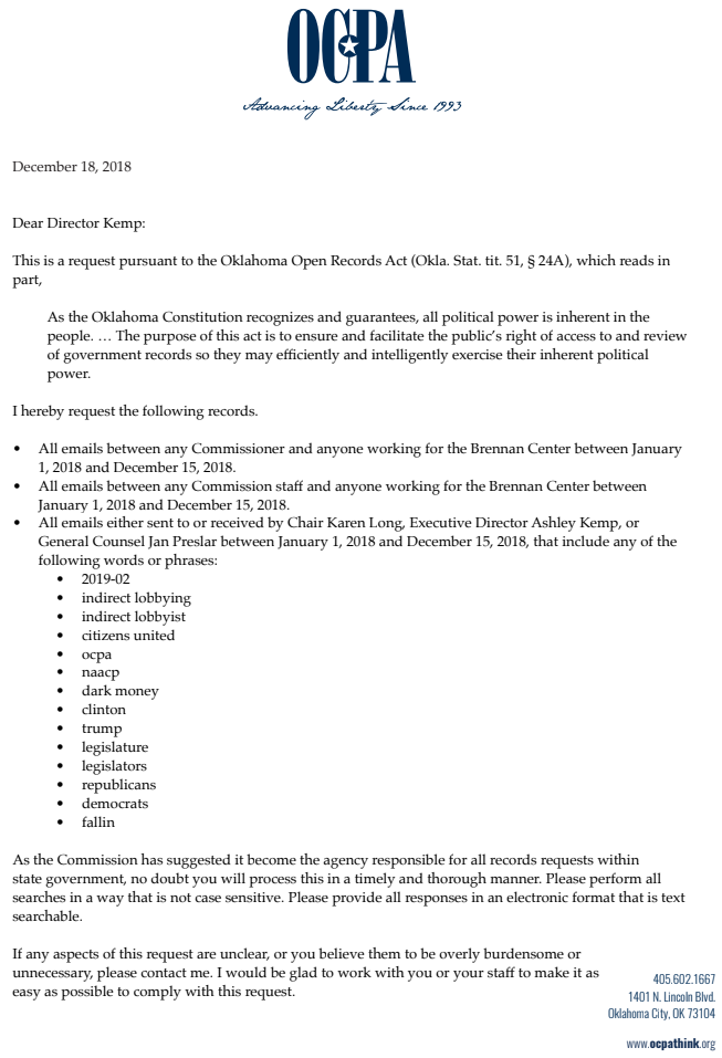 OCPA files open records request with the OK Ethics Commission on