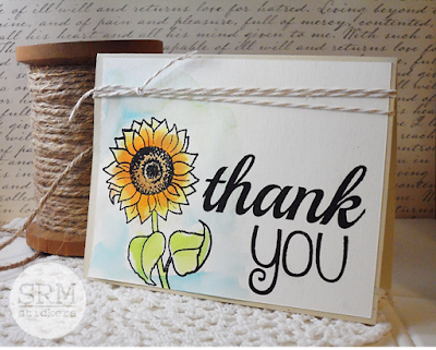 SRM Stickers Blog -  Water Coloured Sunflower Trio by Lesley  - #cards #cardset #autumn #autumnblessings #janesdoodles #bighello #hello #thankyou #lace #twine