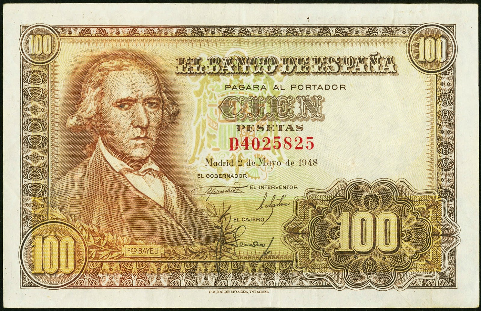 Spain 100 Pesetas banknote 1948 Francisco Bayeu y SubíasWorld