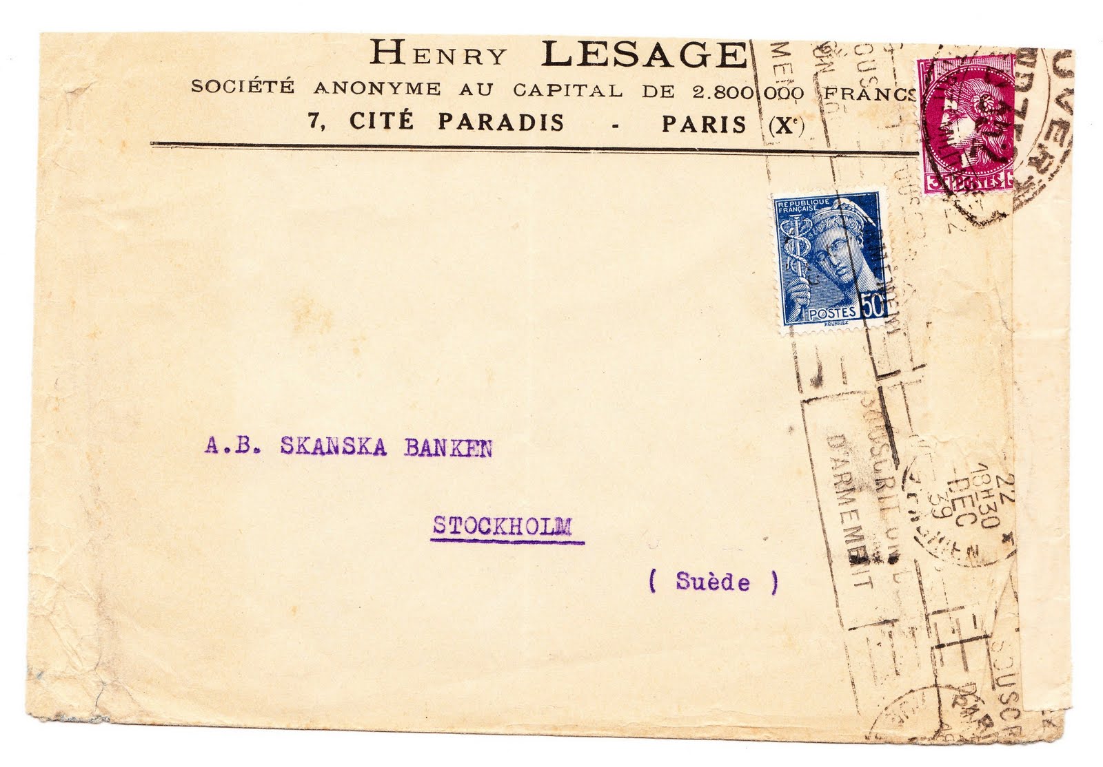 Timbres et Passions Lettre à destination de l