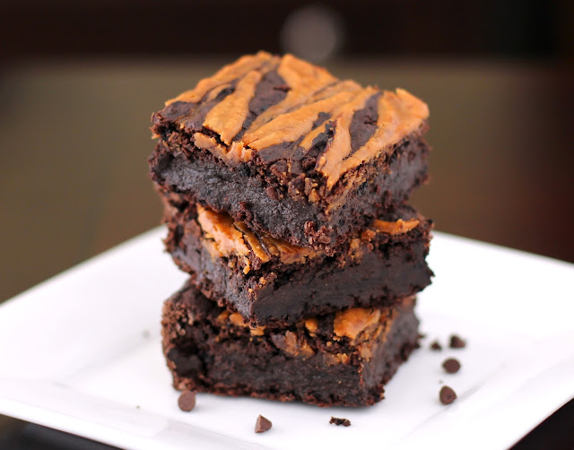 Super moist and fudgy Healthy Fudgy Peanut Butter Swirled Black Bean Brownies! Low fat, sugar free, high fiber, high protein, gluten free and vegan!