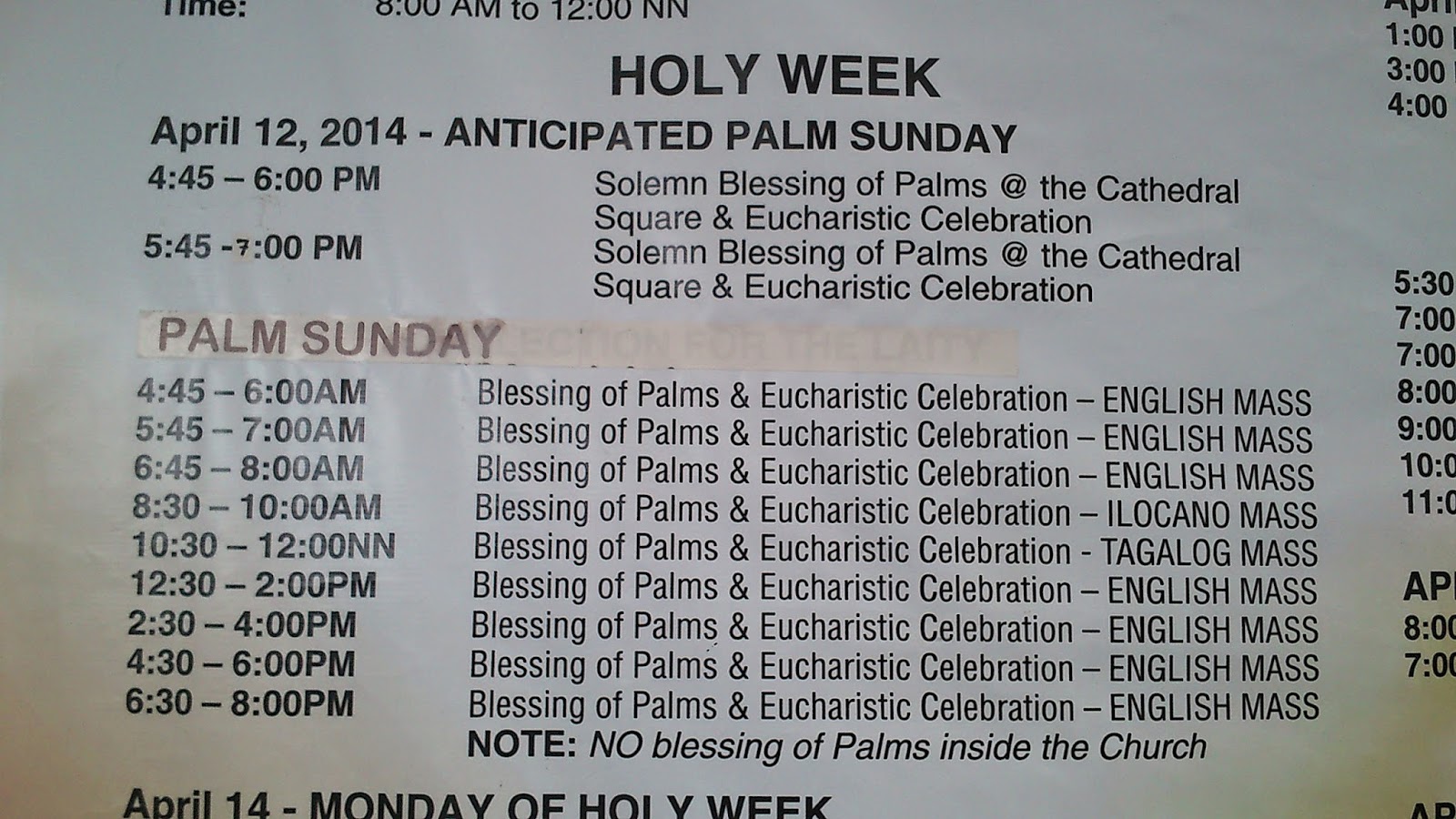 2014 Palm Sunday Schedule at Baguio Cathedral
