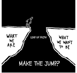 A stilhoute image of person deciding to make a jump between what we are and what we want to be