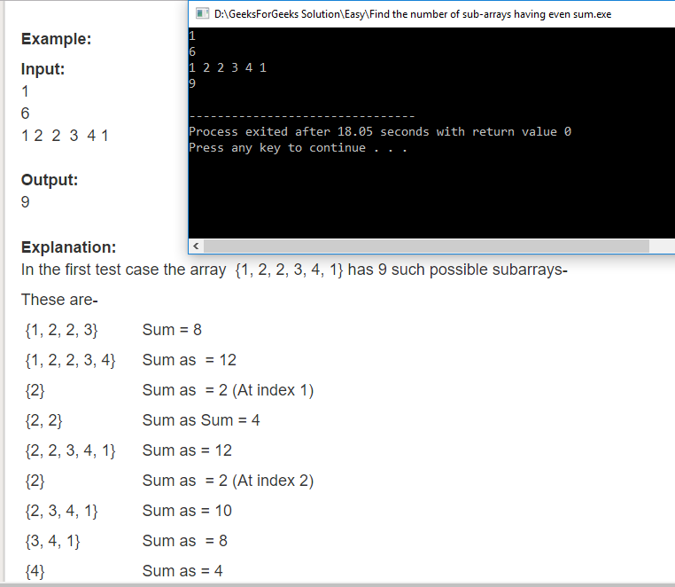 Geeksforgeeks Solution For " Find the number of sub-arrays having even ...