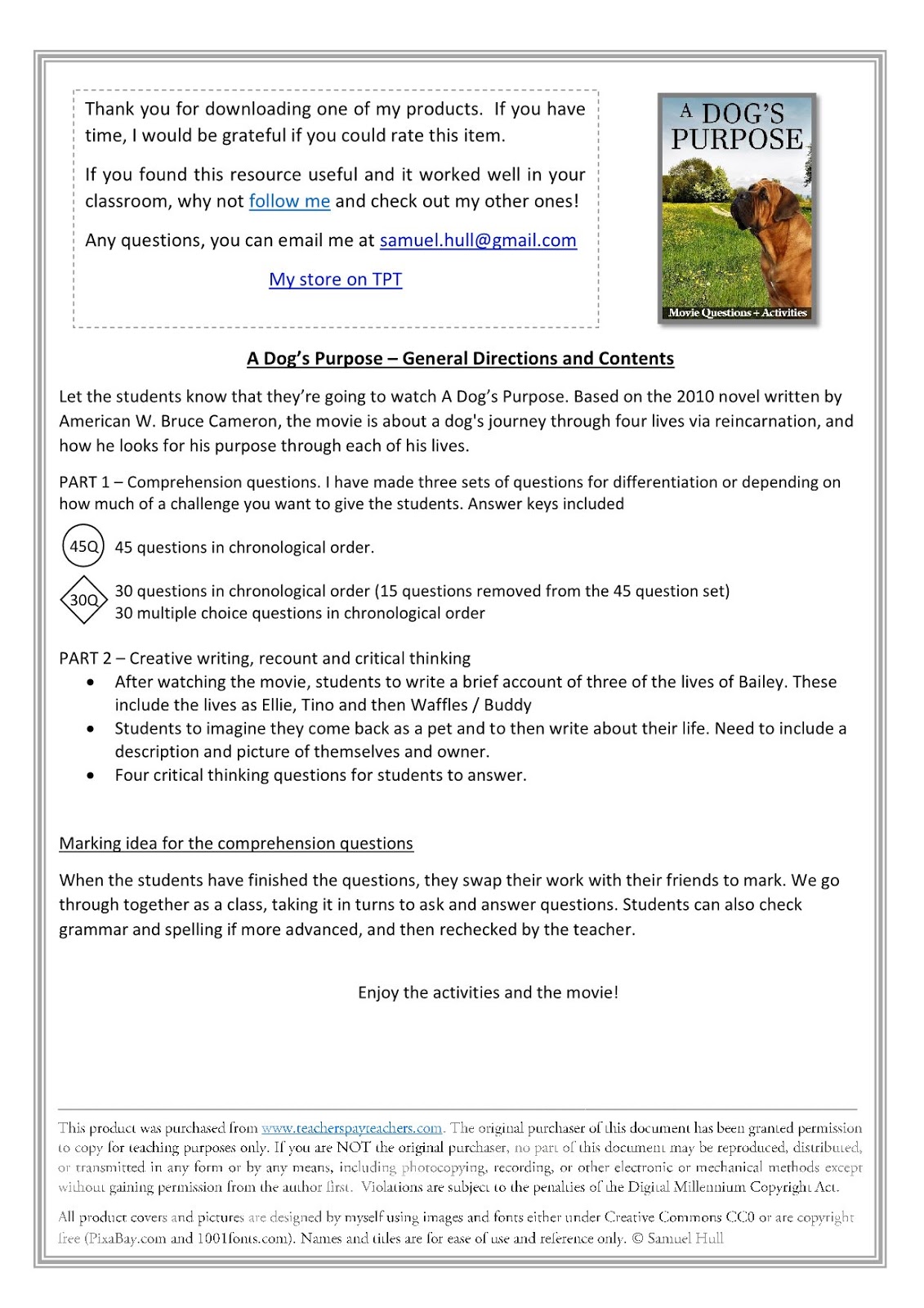 A Dog's Purpose Movie Guide + Activities Answer Keys Included Movie