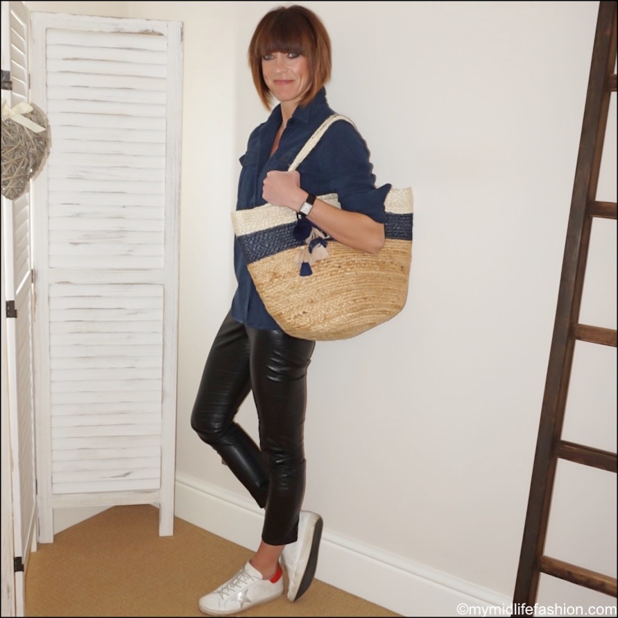 my midlife fashion, Isabel Marant Etoile shirt, initially London monogrammed jute bag, Isabel Marant Etoile faux leather trousers, golden goose superstar low top leather trainers