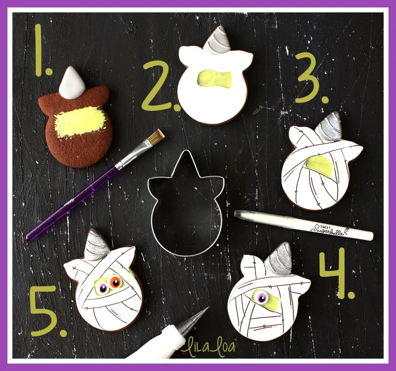 Step by step mummy unicorn decorated sugar cookie tutorial