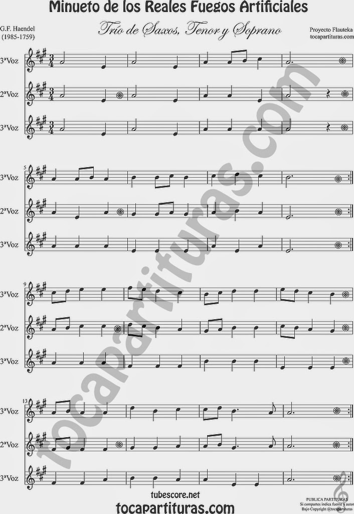  Minueto de los Reales Fuegos Artificiales Partitura de Saxofón Soprano y Saxo Tenor Sheet Music for Soprano Sax and Tenor Saxophone Music Scores Trío clásico para saxofonistas by G.F. Haendel