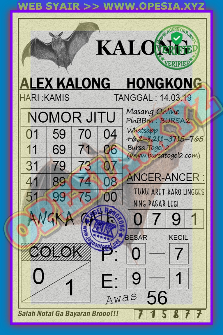 Kode Syair HK Kamis 14 Maret 2019 GOsyair SEDIA KODE