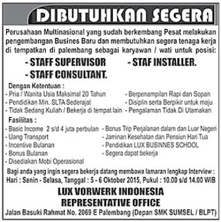 Lowongan Kerja LUX VORWERK INDONESIA REPRESENTATIVE OFFICE