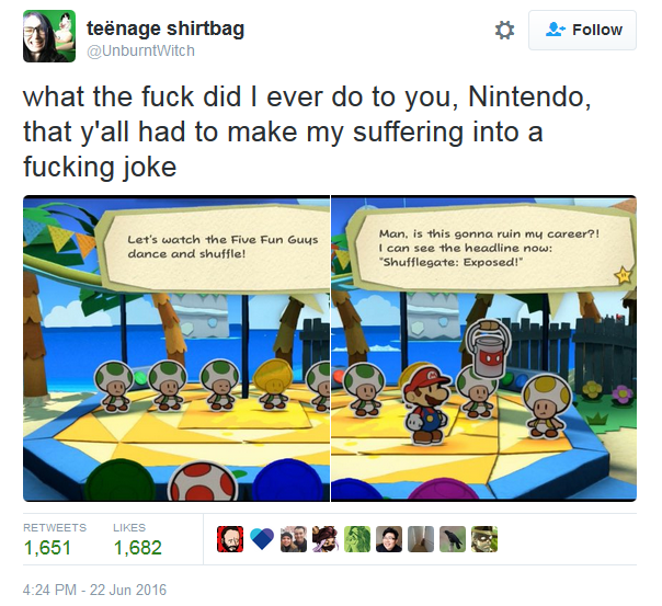 Zoe Quinn triggered by a game that supposedly doesn't have a story Zoe Quinn Twitter Paper Mario Color Splash Watergate Gamergate Shufflegate