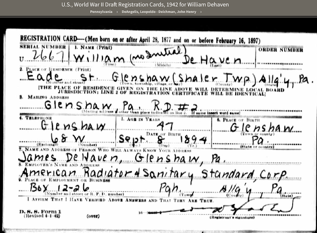 WWII draft registration for William DeHaven Eade St Glenshaw PA Shaler Twp PA