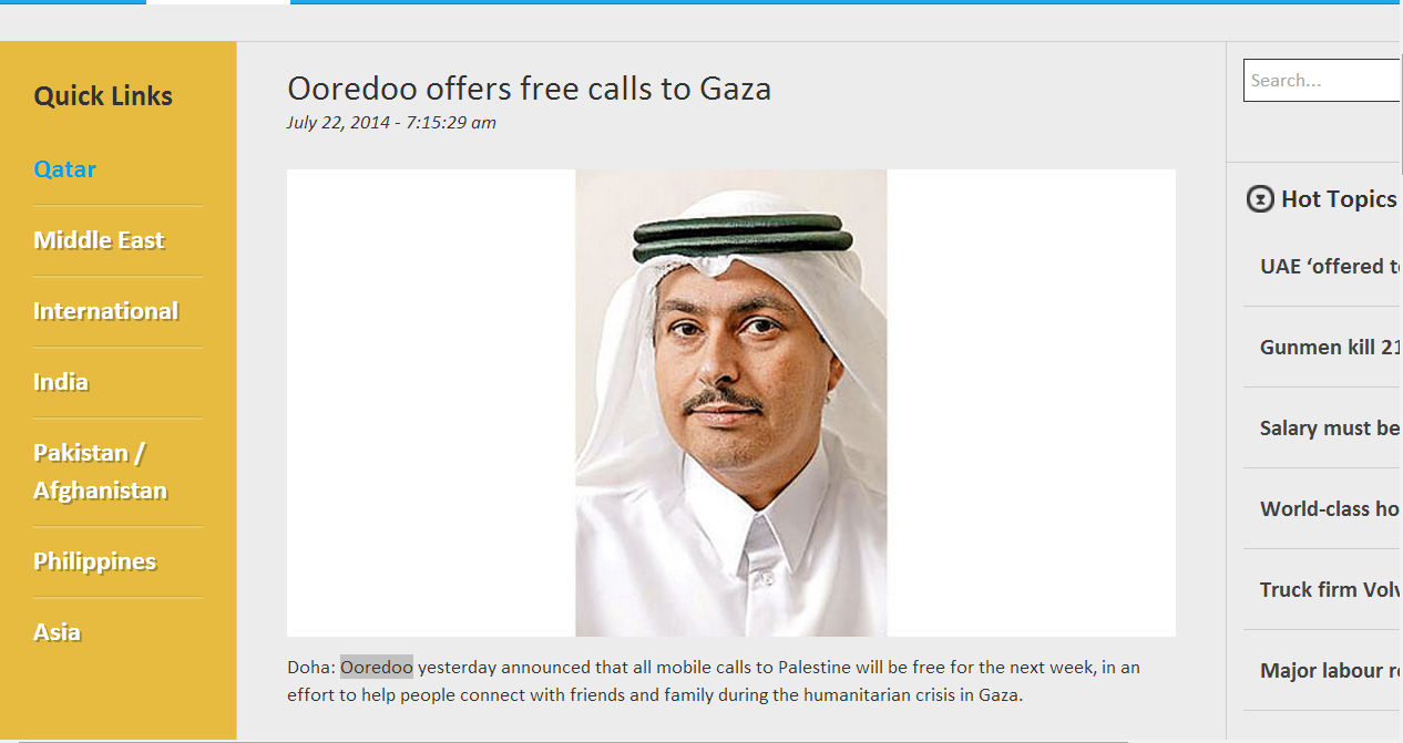 Make free mobile calls from Qatar to Gaza (Palestine): Ooredoo