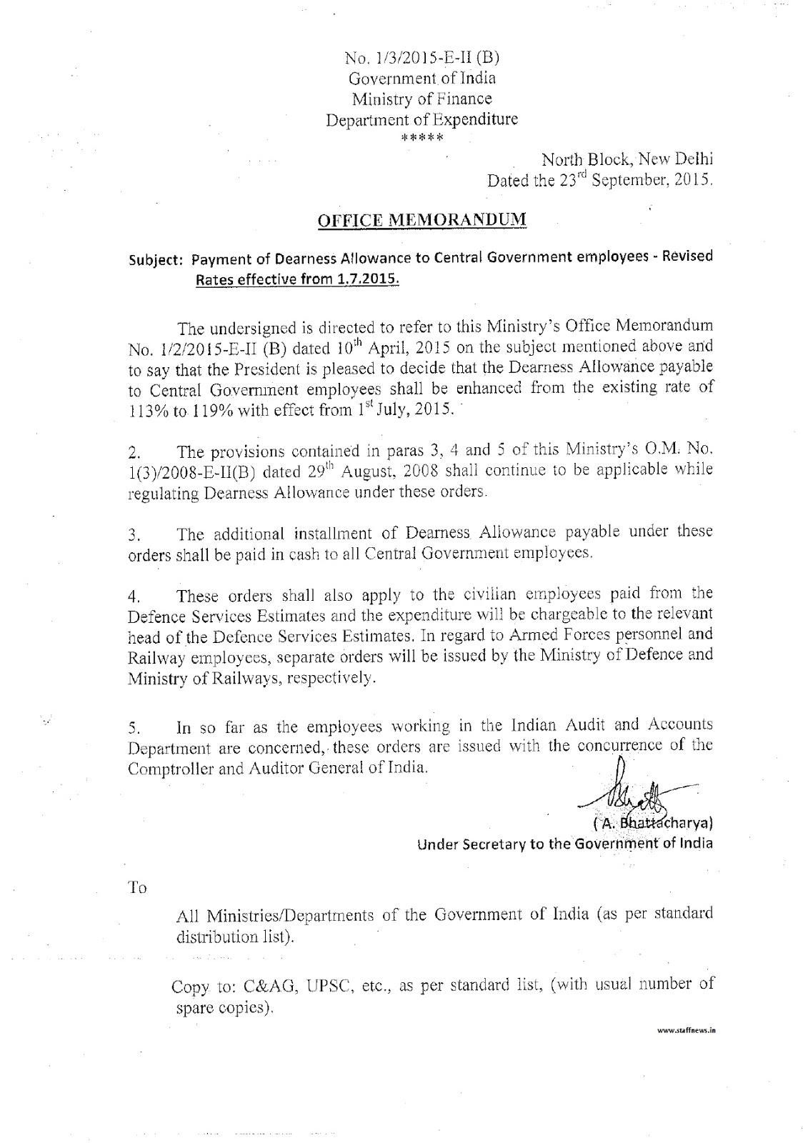 Payment of Dearness Allowance to Central Government employees Revised