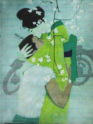 Drawing of a Japanese woman in green kimono holds a man safe in her arms. She kisses his forehead. Art by American artist Coby Whitmore, 1961, “The Eternal Blossom”