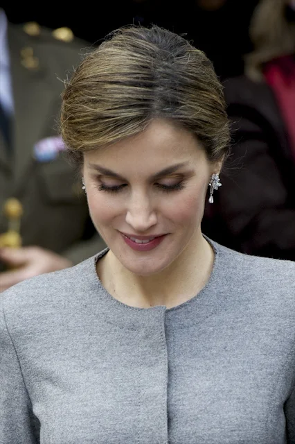 King Felipe VI of Spain and Queen Letizia of Spain attend investiture of honorary doctors by Salamanca's University at Paraninfo of Salamanca's University on April 5, 2016 in Salamanca. Queen Letizia tiara, diamond, wedding dress, jewelery, diamond earrings