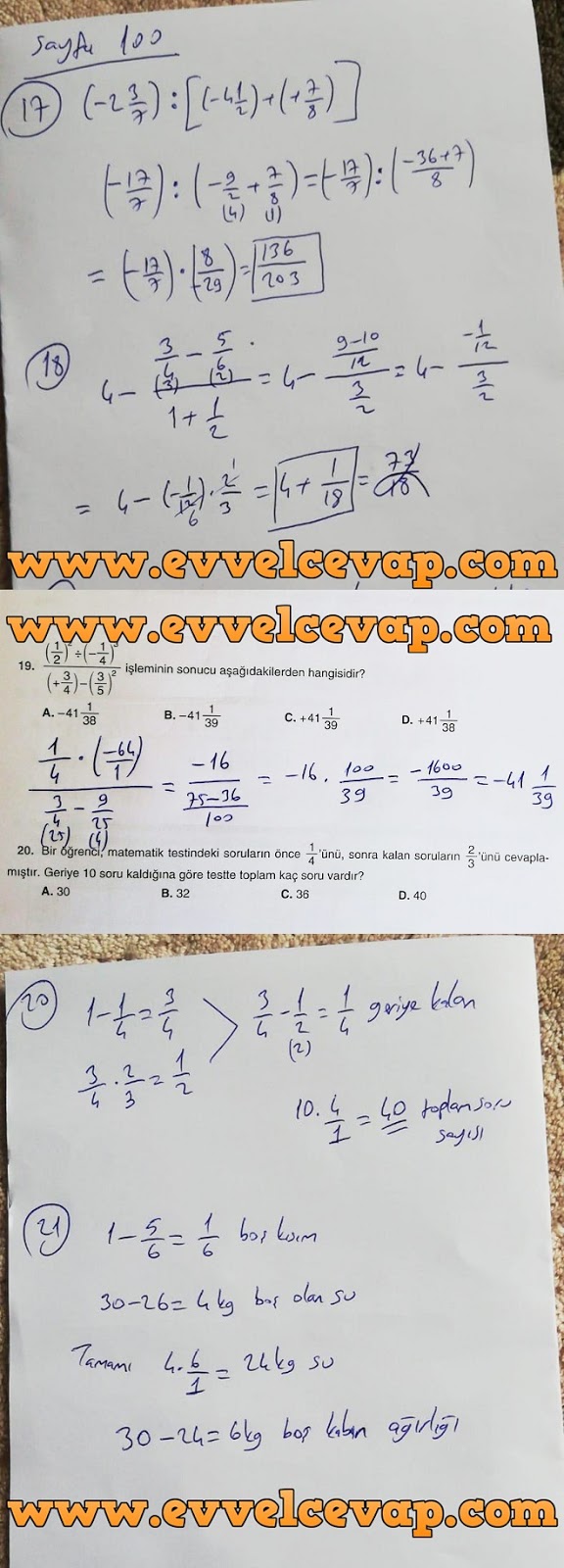 7. Sınıf Matematik Koza Yayınları 100. Sayfa Cevapları 2. Ünite Değerlendirme