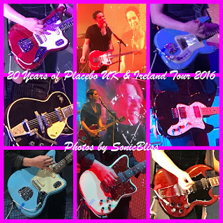 Photos by SonicBliss - 20 Years of Placebo UK & Ireland Tour 2016.  Photos of Brian Molko & some of his many guitars.