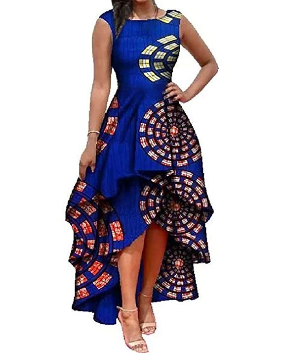 Womens African Dress Formal Prom Dashiki Print Sleeveless Peplum Fit