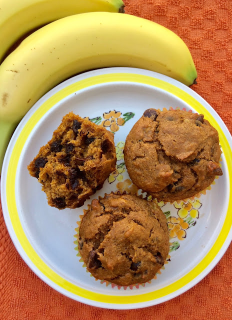 Serving plate with chocolate chip banana pumpkin muffins with one split open.