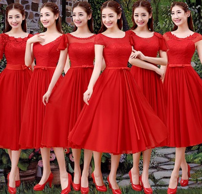 Scarlet Red Past Knee Length Chiffon Bridesmaid Dresses