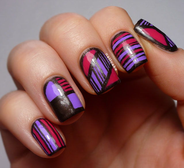 Nail art in various bold geometric designs with stripes, using Illamasqua Jo'Mina, Barry M Shocking Pink & 17 Smokey Marble