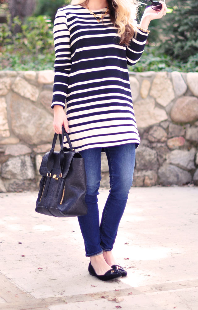 striped shift dress with skinny jeans and loafers