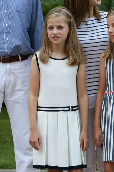 King Felipe, Queen Letizia, Princess Leonor and Princess Sofia at annual 2016 summer photo session photocall 2016. Letizia wore dress, Leonor dress, sofia dress style, fashions