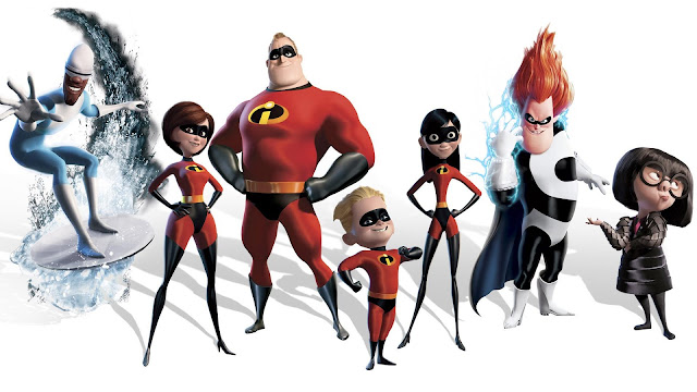 The Incredibles family posing with the villains