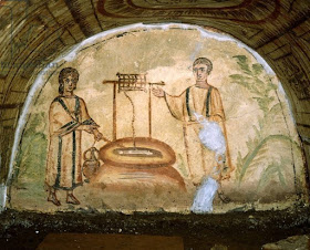 The encounter of Christ with the Samaritan woman at the well. Fresco in the catacombs Via Latina (Catacomb di Dino Compagni) Rome