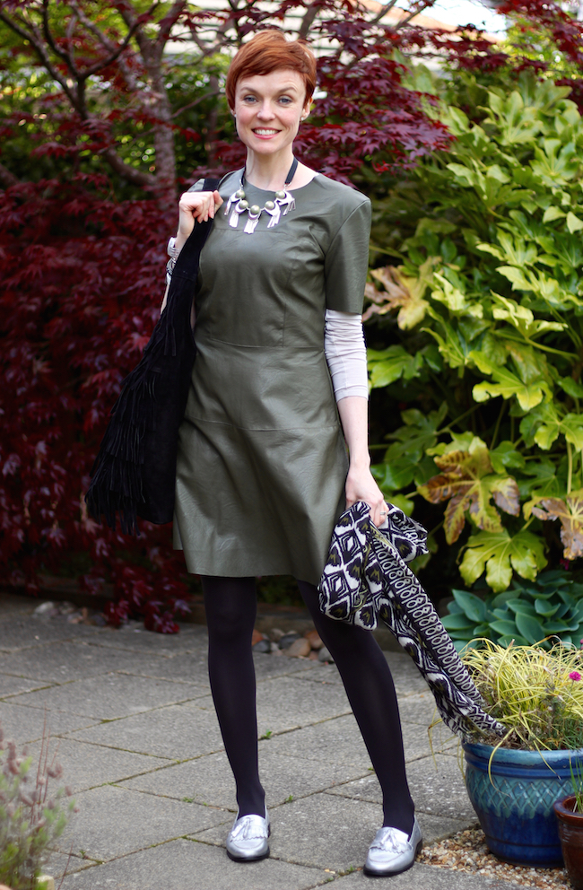 Fake Fabulous | Green leather dress, silver boden loafers and black suede tassel Topshop tote | Spring Style