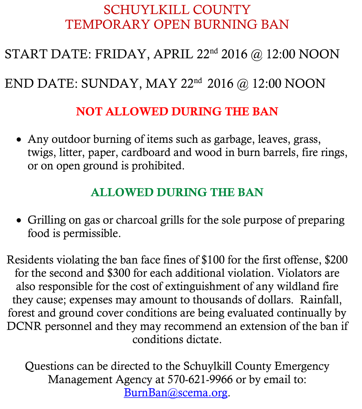 Schuylkill County Enacts Burn Ban
