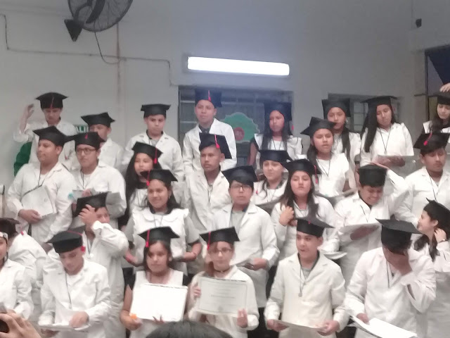 se ve a un grupo de alumnos de séptimo, parados sobre una grada con los sombreros de graduados y sus diplomas en las manos