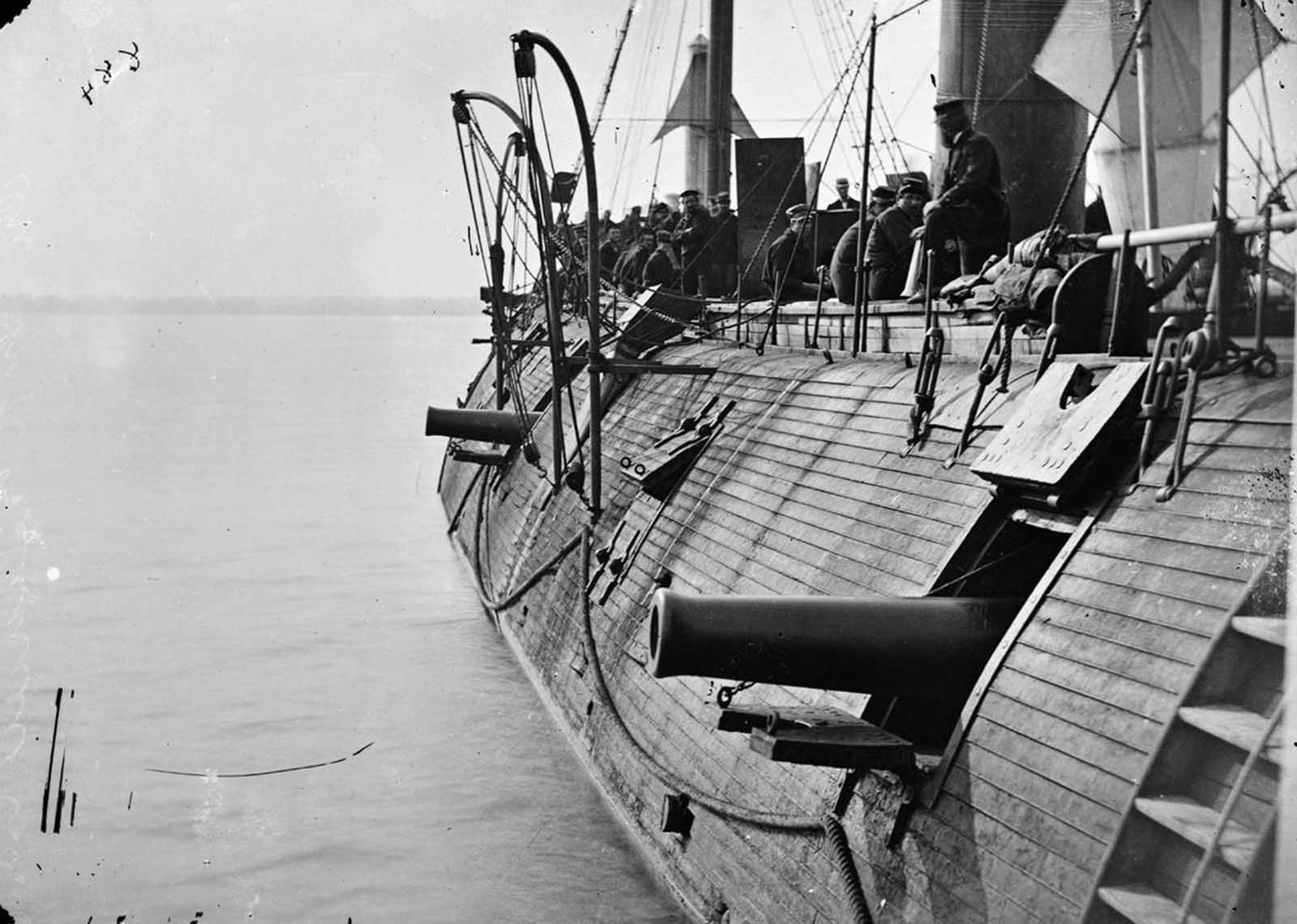 The Federal Ironclad Galena, after recent action with Confederate batteries at Drewry's Bluff, on Virginia's James River, ca. 1862.