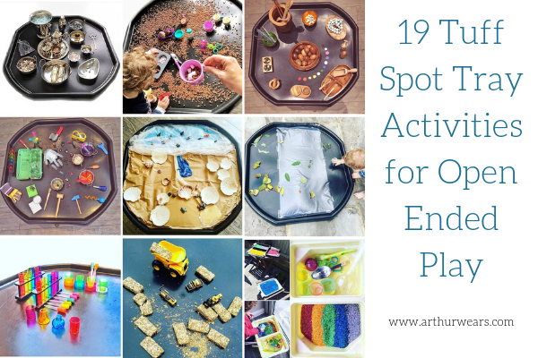 images of tuff spot tray activities with text 19 tuff spot tray activities for open ended play