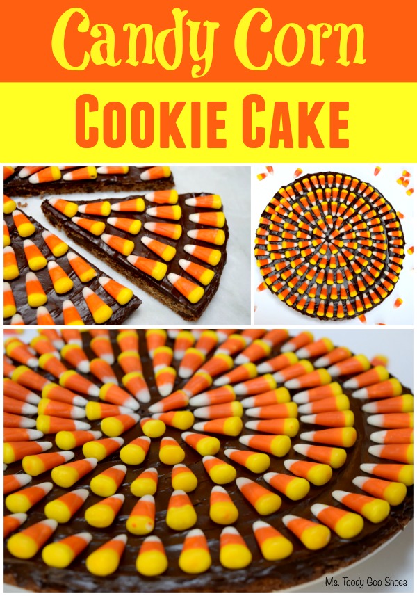 CANDY CORN COOKIE CAKE- Just 3 ingredients to make this eye-catching Halloween treat!  #CandyCorn #CookieCake #Halloween