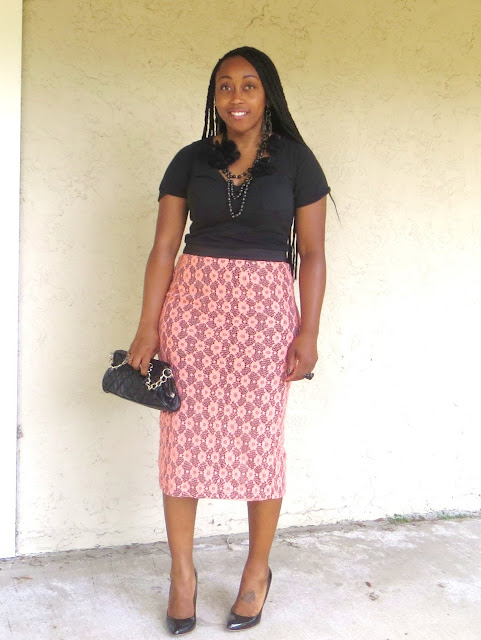 Outfit: Black Tee and Coral Lace Pencil Skirt