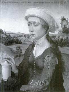 María Magdalena portando el recipiente con el aceite de nardo con el que ungió a Cristo. Roger van der Weyden.