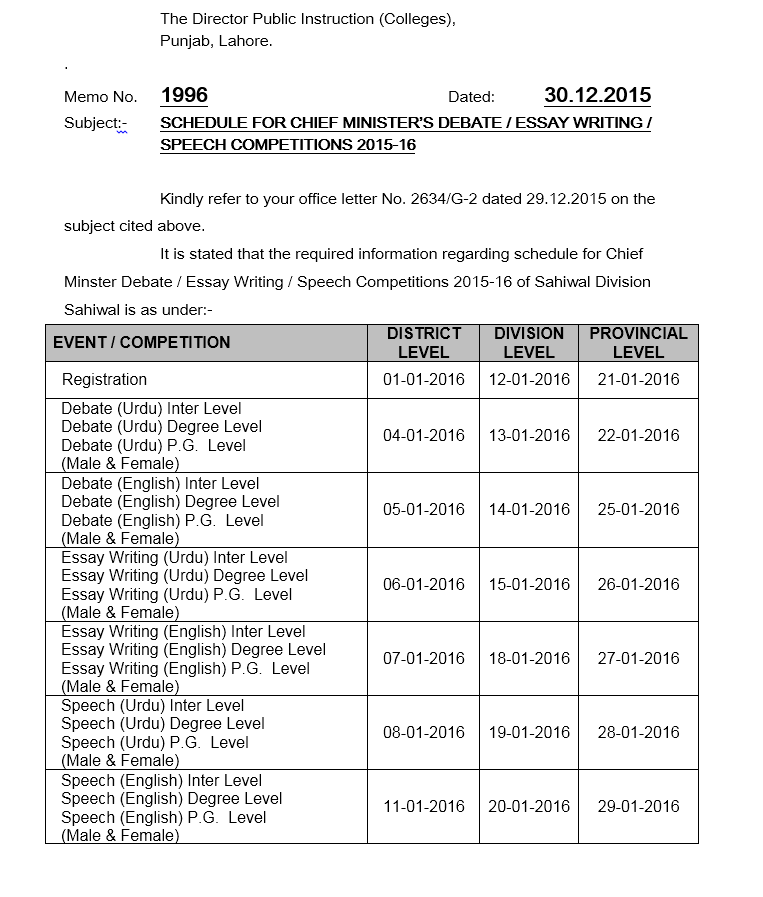 SCHEDULE FOR CHIEF MINISTER’S DEBATE / ESSAY WRITING / SPEECH SCHEDULE FOR CHIEF MINISTER’S DEBATE / ESSAY WRITING / SPEECH