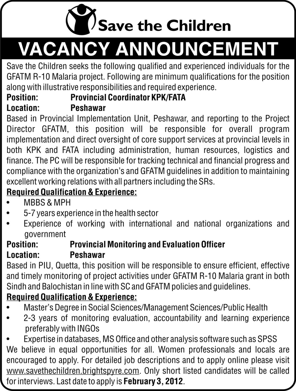Provincial Coordinator KPK/FATA & Provincial Monitoring and Evaluation
