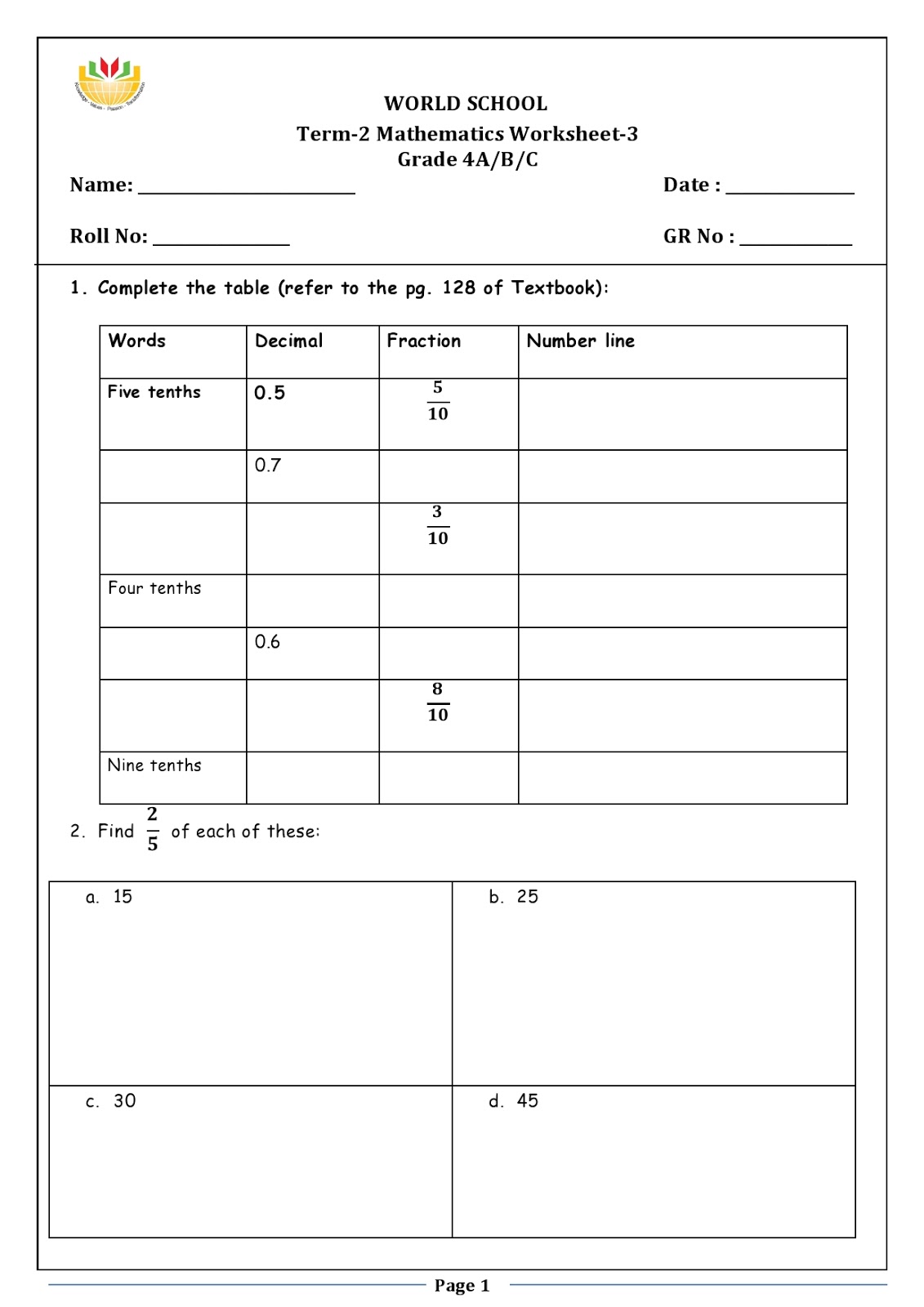 Birla World School Oman: Homework for Grade 4 as on 26-02-2019