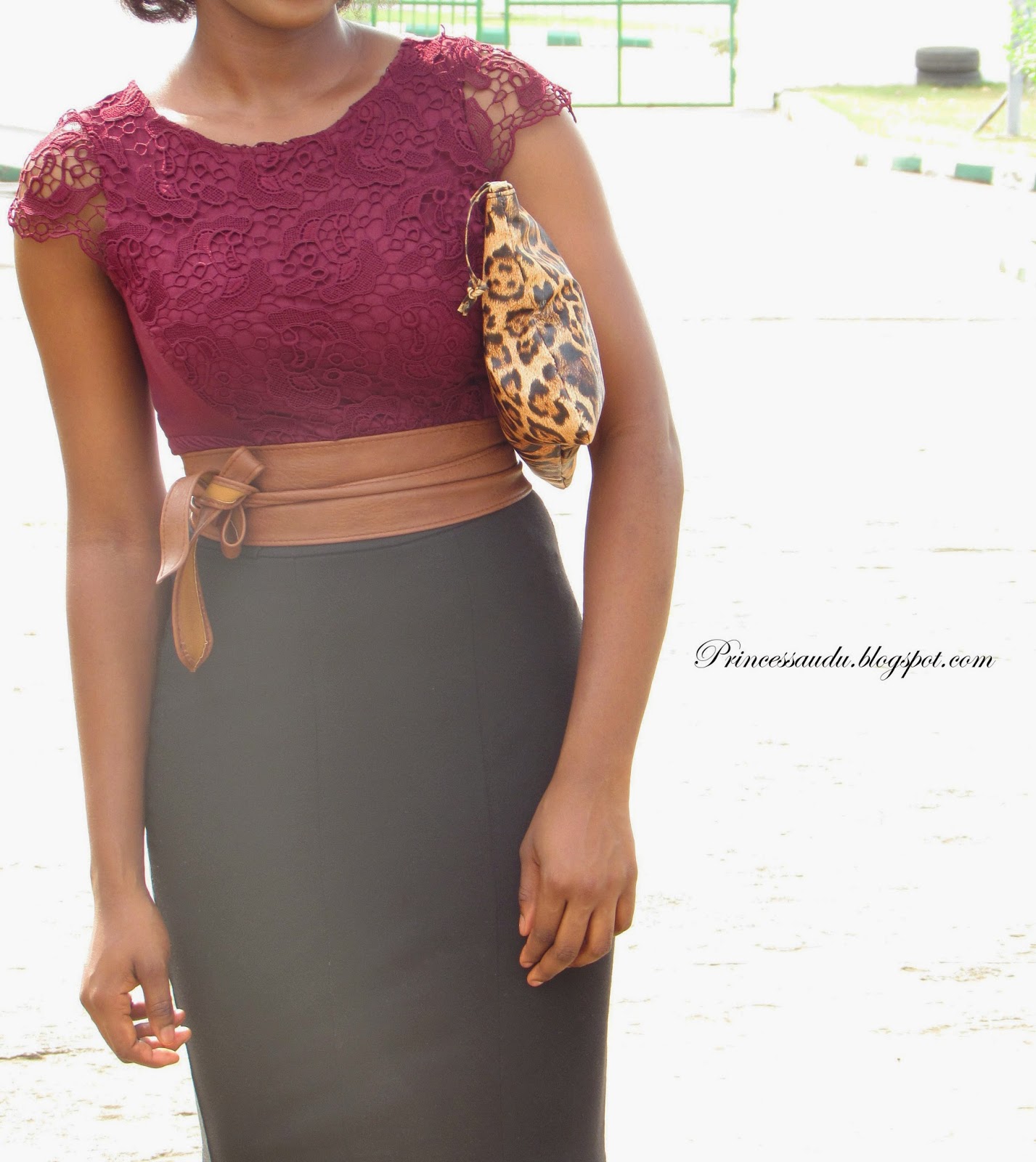 Lace blouse, burgundy, belt, brown, statement belt, leopard print purse